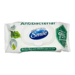 SMILE Влажные салфетки Antibacterial с подорожником с клапаном 100шт (9уп/ящ)