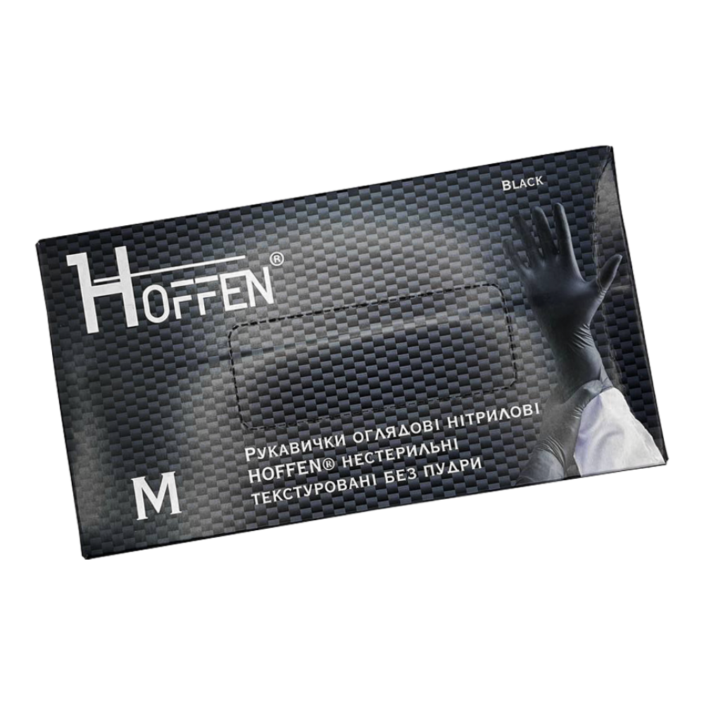 Перчатки нитриловые Hoffen нестерильные текстурные без пудры Черные р.М 3,5г. (50пар/уп)
