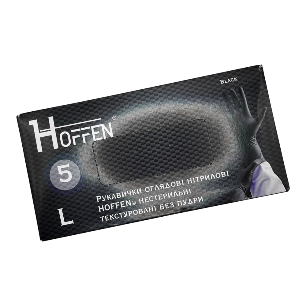 Перчатки нитриловые Hoffen нестерильные текстурные без пудры Черные р.L 5г. (50пар/уп)